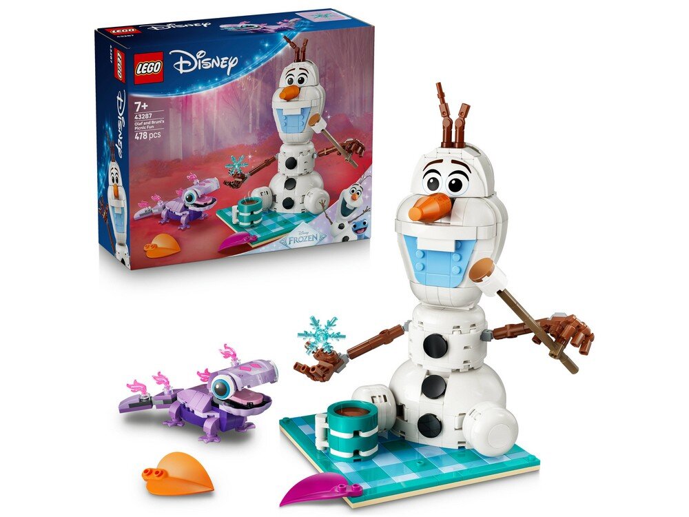 Zestaw LEGO przedstawia figurkę bałwana Olafa z filmu \'Frozen\' oraz fioletowego jaszczura na tle pudełka z logo LEGO i Disney. Na pudełku widnieje napis \'7+\', \'43287\', \'Disney\', \'Frozen\', \'179 PCS\'.