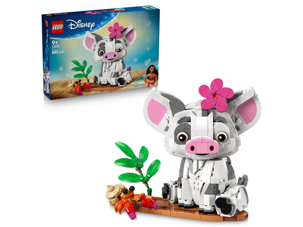 Zestaw LEGO przedstawia figurkę szarego prosiaczka z różowym kwiatem na głowie, siedzącego na podstawce z rośliną i krabem. W tle widoczne jest pudełko z grafiką zestawu i napisem \'LEGO Disney\'.