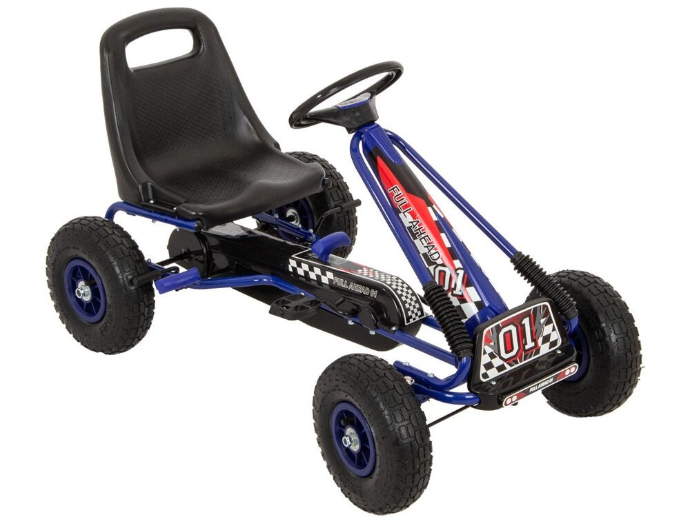 Gokart na pedały ENERO 01 Niebieski gokart na białym tle widoczny od przodu pod skosem zabaw nauka rozwój aktywność