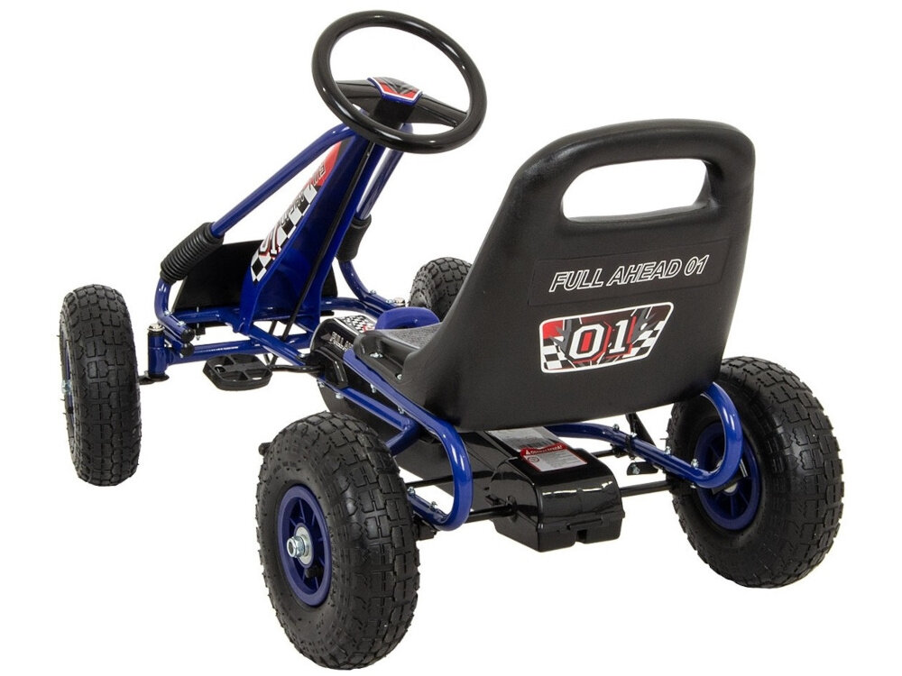 Gokart na pedały ENERO 01 Niebieski gokart na białym tle widoczny od tyłu pod skosem rama pokryta odpornym na obicia lakierem skręcana śrubami konstrukcja trwałość długie użytkowanie wytrzyma intensywną eksploatację stabilność