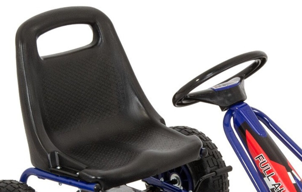 Gokart na pedały ENERO 01 Niebieski zbliżenie na siedzisko kartingowe kubełkowe siedzisko z możliwością regulacji odległości w dwóch poziomach ergonomiczny kształt odpowiednie podparcie pleców