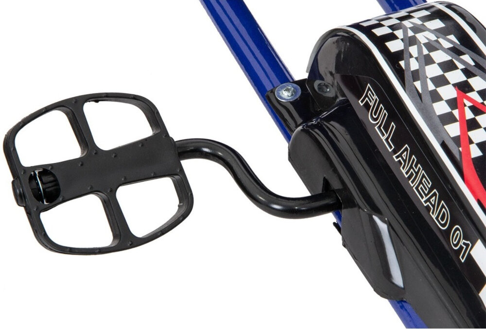 Gokart na pedały ENERO 01 Niebieski zbliżenie na pedał napęd na pedały z przekładnią łańcuchową jazda do przodu i do tyłu funkcja wolnobiegu można toczyć się bez pedałowania dziecko uczy się kontrolować pojazd i prędkość