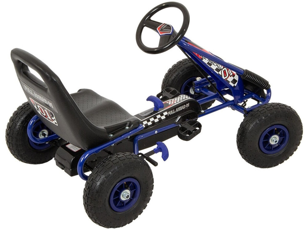 Gokart na pedały ENERO 01 Niebieski gokart na białym tle widoczny od tyłu pod skosem kolorystyka gokarta nawiązuje do rzeczywistych barw torów wyścigowych sportowy design dynamiczne elementy realistyczny charakter bolidu wyścigowego