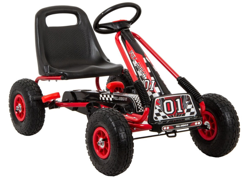 Gokart na pedały ENERO 01 Czerwony gokart na białym tle widoczny od przodu pod skosem zabaw nauka rozwój aktywność