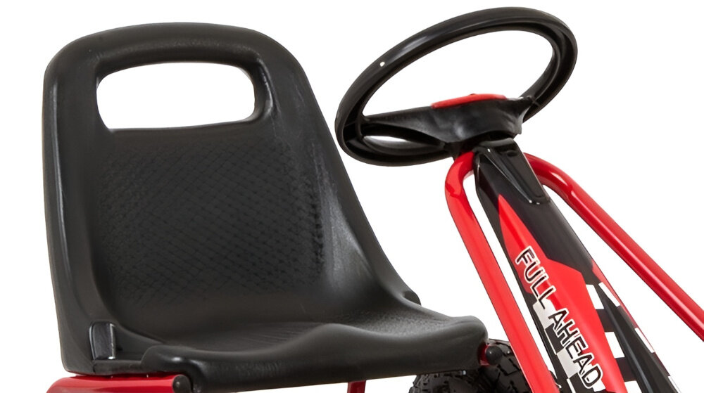 Gokart na pedały ENERO 01 Czerwony zbliżenie na siedzisko kartingowe kubełkowe siedzisko z możliwością regulacji odległości w dwóch poziomach ergonomiczny kształt odpowiednie podparcie pleców
