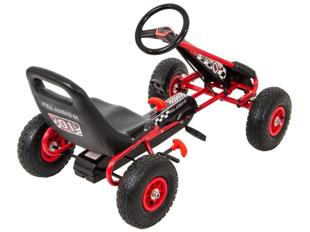 Gokart na pedały ENERO 01 Czerwony gokart na białym tle widoczny od tyłu pod skosem kolorystyka gokarta nawiązuje do rzeczywistych barw torów wyścigowych sportowy design dynamiczne elementy realistyczny charakter bolidu wyścigowego