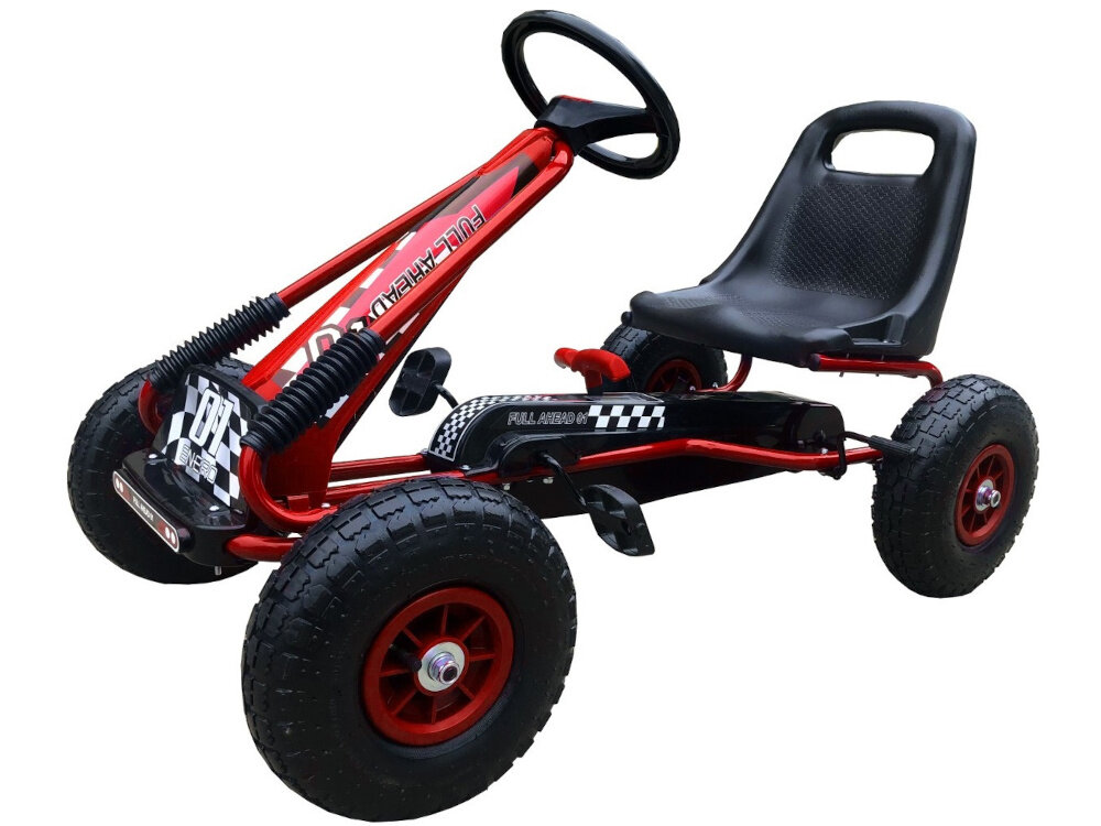Gokart na pedały ENERO 01 Czerwony gokart na białym tle widoczny od przodu pod skosem wymiary 101 x 62 x 61 cm waga 11,7 kg obciążenie do 30 kg do dzieci powyżej 3 roku życia zgodność z europejską normą EN 71 spełnia wszystkie wymogi bezpieczeństwa