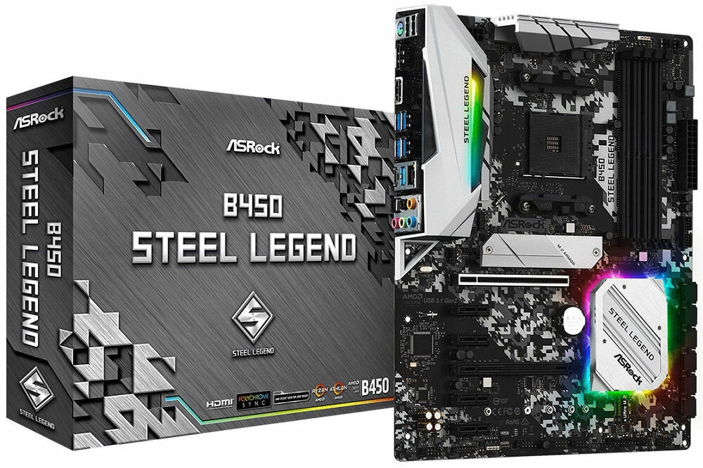 Płyta główna ASROCK B450 Steel Legend - wygląd ogólny opakowanie dysk SSD technologia StoreMI CrossFire 64GB DDR4