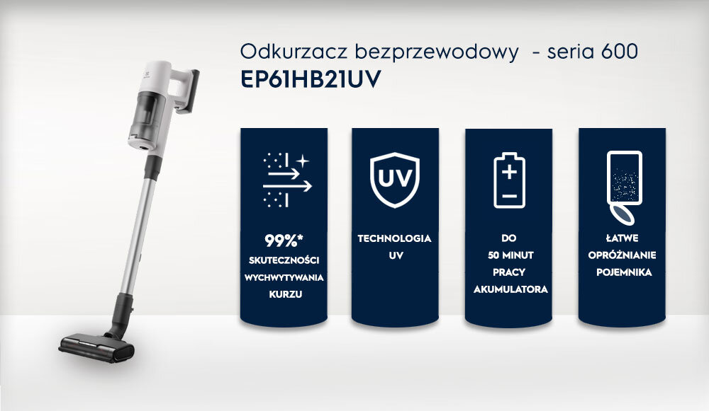 Obraz przedstawia odkurzacz pionowy z serii 600 model EP61HB21UV oraz cztery ikony z opisami: \'99%* skuteczności wychwytywania kurzu\', \'Technologia UV\', \'Do 50 minut pracy akumulatora\', \'Łatwe opróżnianie pojemnika\'.