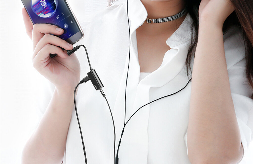 ADAPTER AUDIO BASEUS L45 USB-C DO MINI JACK 3.5MM I USB-C (CZARNY) brak uszkodzeń