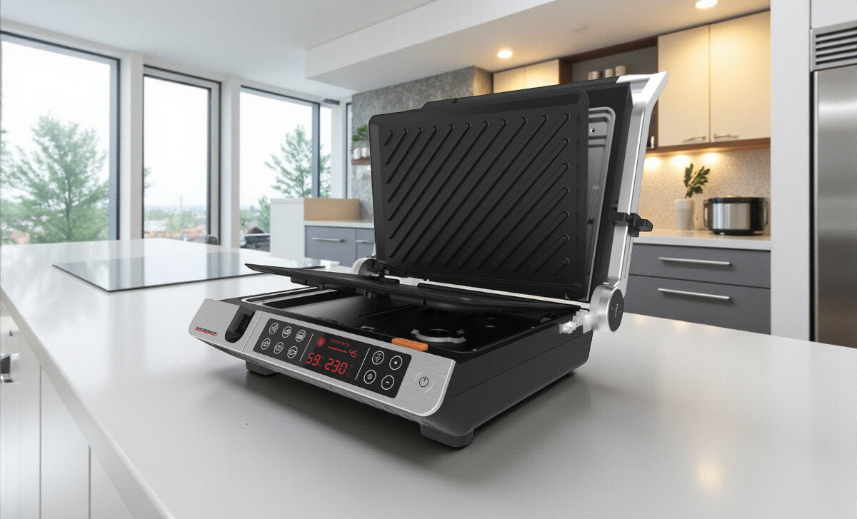 Grill elektryczny GASTROBACK 42539, moc, temperatura, stabilne, karbowane, gładkie, grill z otwartą pokrywą stoi na blacie w kuchni