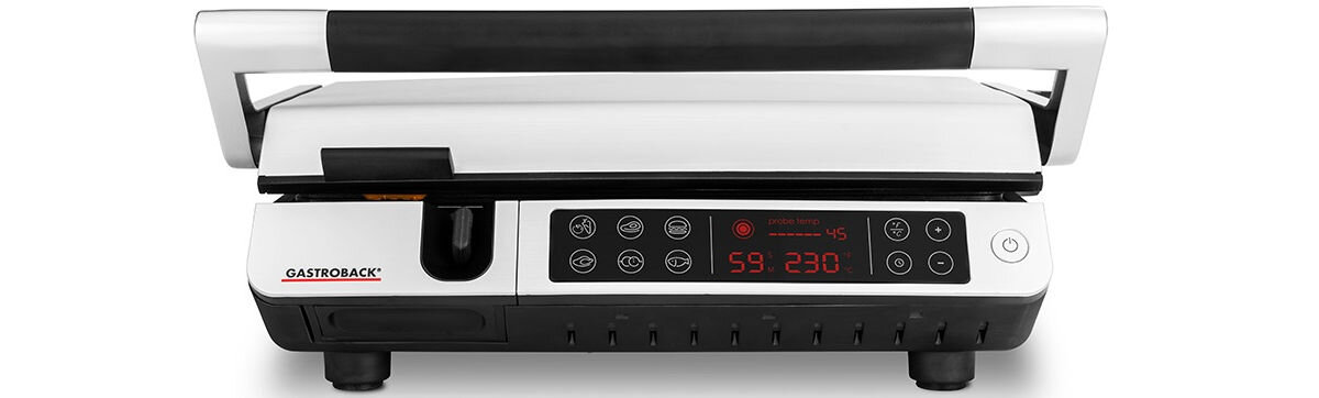 Grill elektryczny GASTROBACK 42539, Low-Fett, funkcje, grillowanie, bbq, na białym tle zbliżenie na panel sterowania grilla frontem na wprost