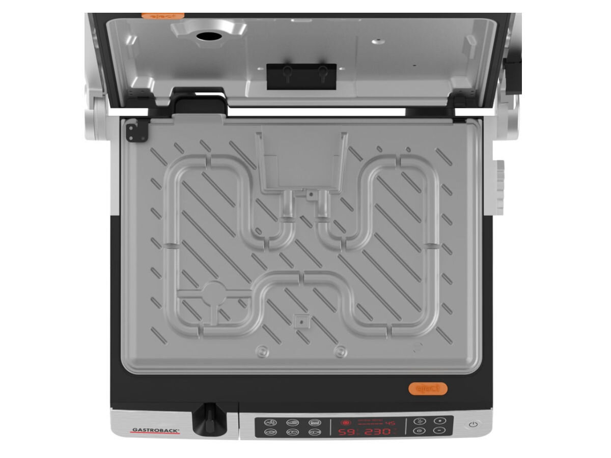 Grill elektryczny GASTROBACK 42539, zdejmowalne, zmywarka, nieprzywierające, resztki, na białym tle od góry grill ze zdjętymi płytami grillowania