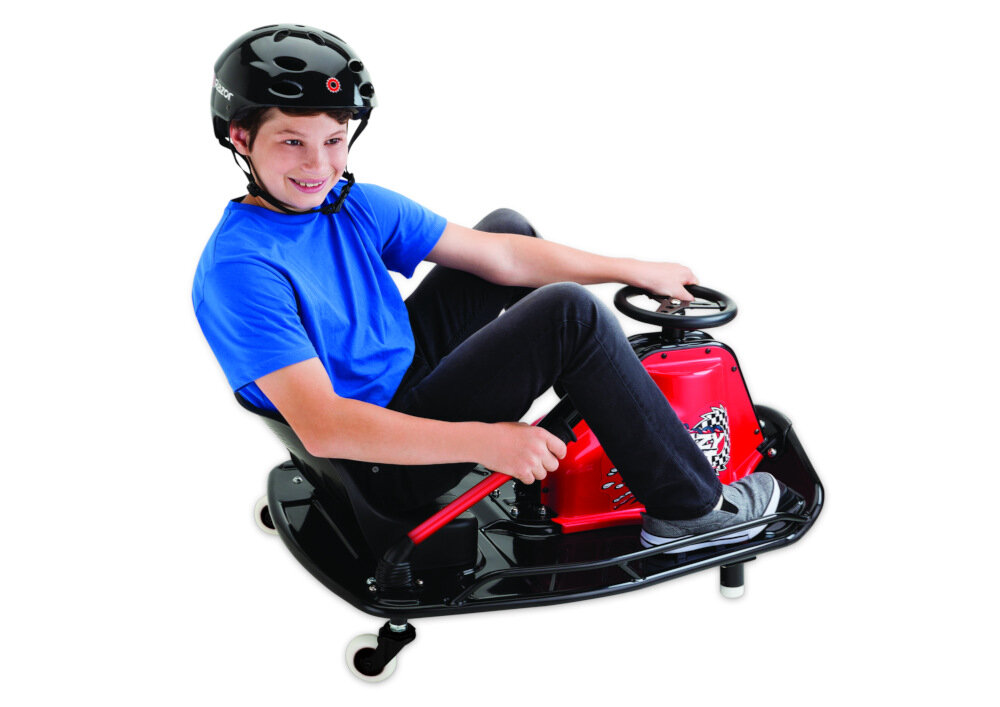 Pojazd do driftu RAZOR Crazy Cart 25173860 Czarno-czerwony uruchamianie włącznik nie ma oddzielnego hamulca zatrzymanie noga z pedału obrót kierownicy o 90 stopniw lewo lub w prawo natychmiastowe zatrzymanie