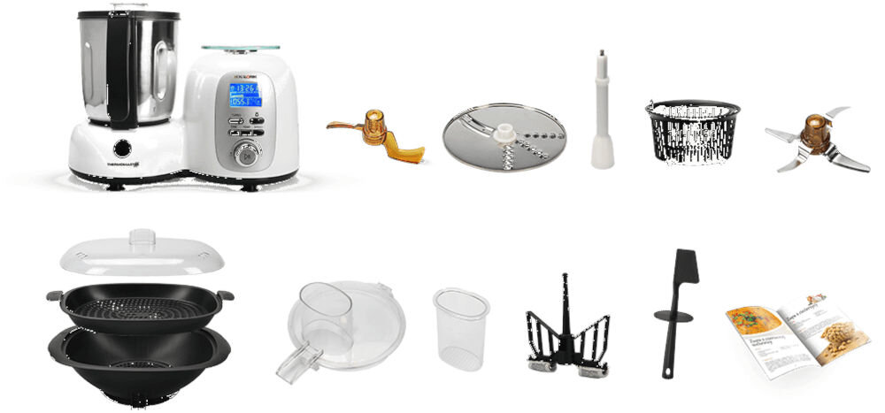 Robot wielofunkcyjny KALORIK HA1020 ThermoMaster 500W z funkcją gotowania akcesoria do gotowania na parze szatkownica dzban ze stali szlachetnej pokrywka z otworem miarka łopatka książka z przepisami