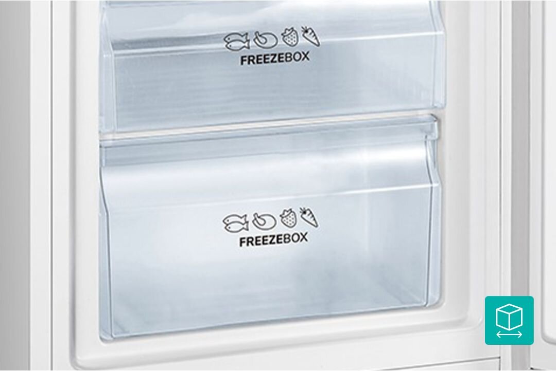 Obraz przedstawia dwie przezroczyste szuflady zamrażarki z napisem \'FREEZEBOX\' oraz ikonami ryby, mięsa, owocu i warzywa. Szuflady są częścią białej lodówki.