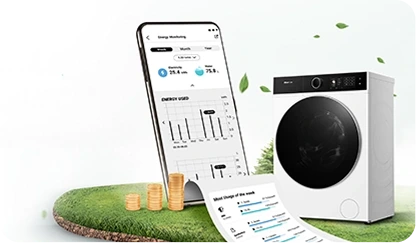 Obraz przedstawia suszarkę z dużym, okrągłym frontem obok smartfona wyświetlającego wykresy i dane dotyczące zużycia energii. Na trawie leżą monety i kartka z wykresami, a w tle widoczne są zielone liście.