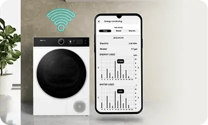 Na obrazie widoczna jest biała suszarka z dużymi, czarnymi drzwiami oraz smartfon z aplikacją pokazującą wykresy zużycia energii i wody. Nad suszarką znajduje się symbol sygnału Wi-Fi.