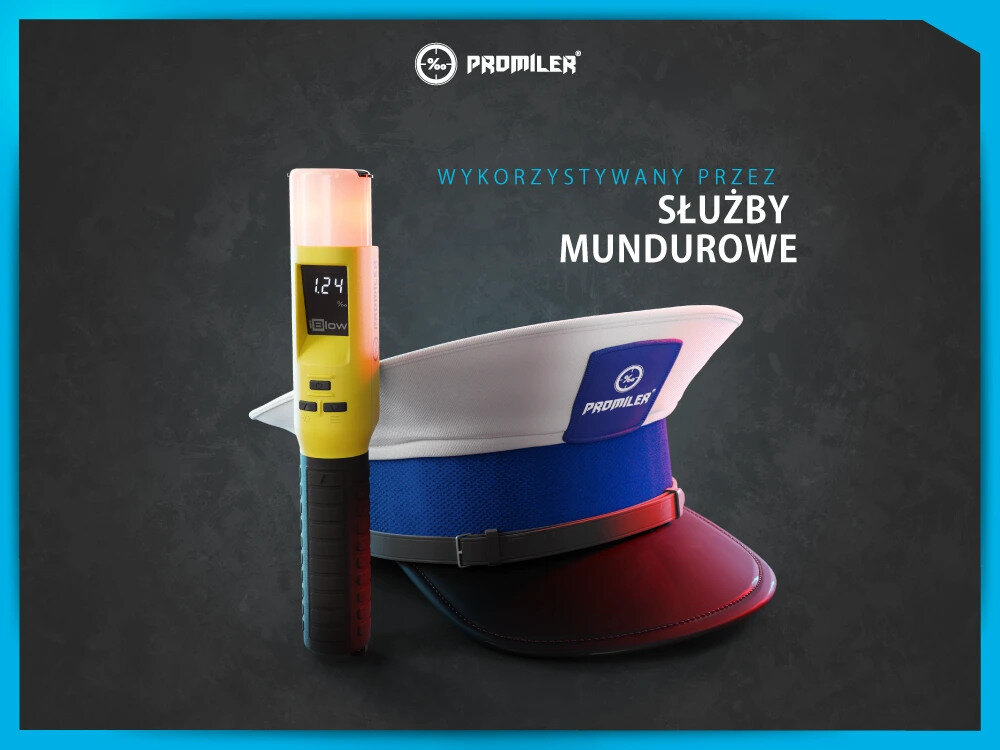 Na obrazie widoczny jest alkomat z wyświetlaczem pokazującym \'1.24\' oraz czapka służb mundurowych z logo \'PROMILER\'. Tekst na obrazie: \'WYKORZYSTYWANY PRZEZ SŁUŻBY MUNDUROWE\'.