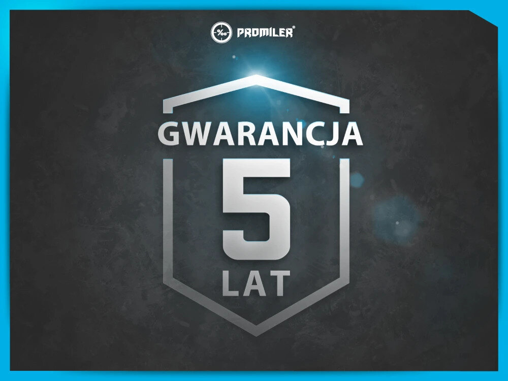 Na ciemnym tle znajduje się logo \'PROMILER\' oraz napis \'GWARANCJA 5 LAT\' w srebrnym kolorze.