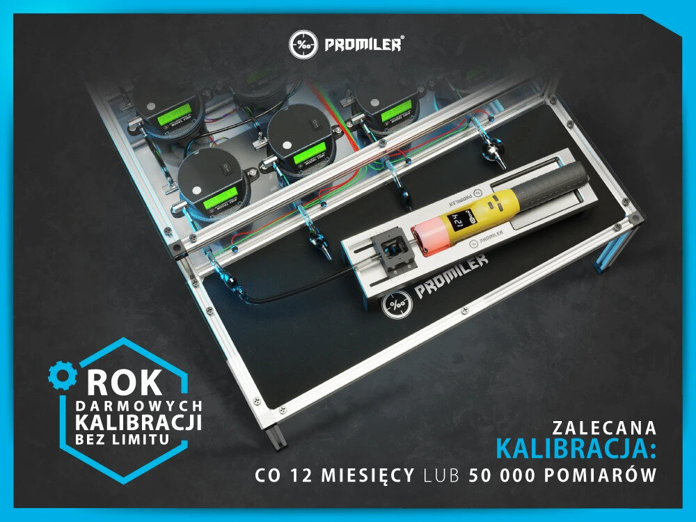 Na obrazie znajduje się alkomat PROMILER iBlow umieszczony na stanowisku kalibracyjnym. Widoczny jest tekst: \'ROK DARMOWYCH KALIBRACJI BEZ LIMITU\' oraz \'ZALECANA KALIBRACJA: CO 12 MIESIĘCY LUB 50 000 POMIARÓW\'.