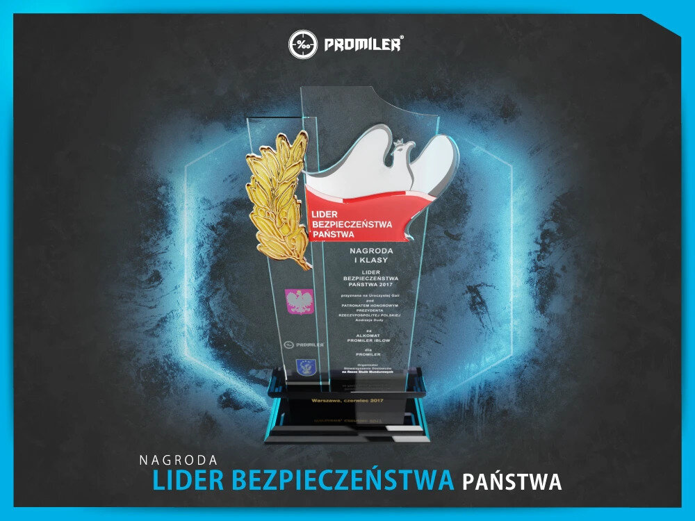 Na obrazie widoczna jest nagroda z napisem \'LIDER BEZPIECZEŃSTWA PAŃSTWA\' oraz logo PROMILER. W tle znajduje się niebieska poświata, a na dole napis \'NAGRODA LIDER BEZPIECZEŃSTWA PAŃSTWA\'.