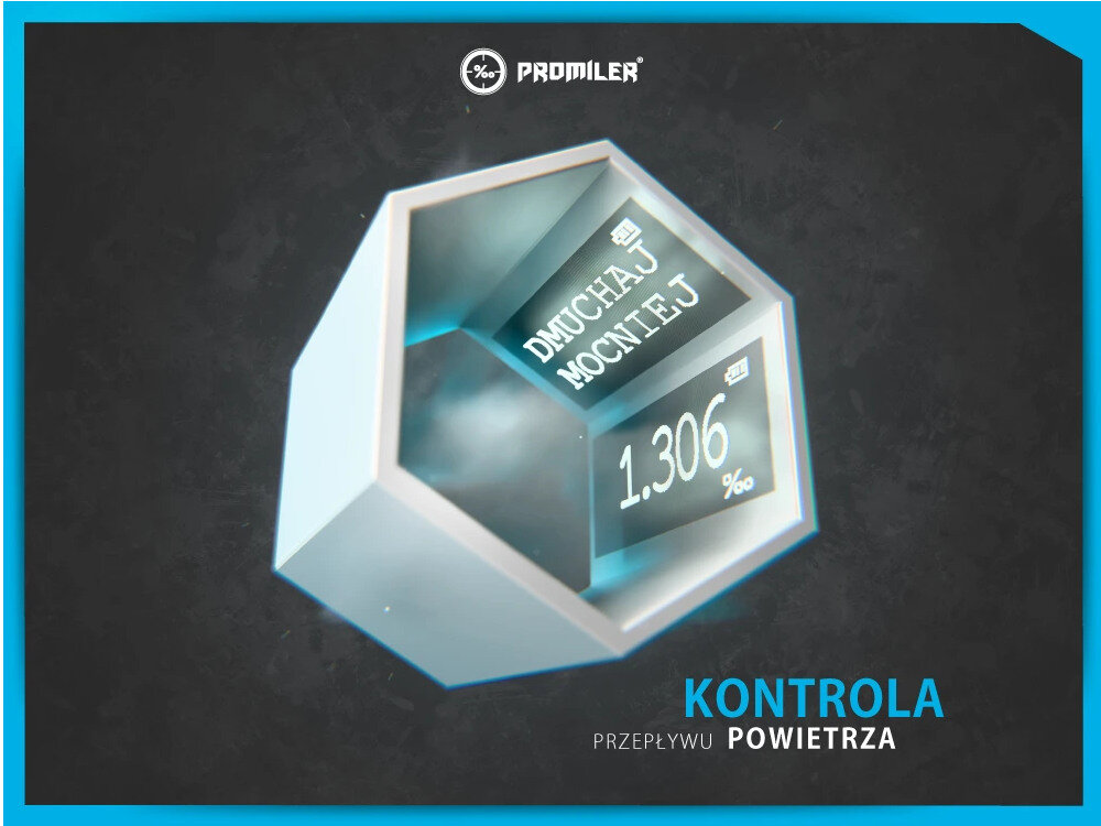 Obraz przedstawia sześciokątną strukturę z wyświetlonymi napisami \'DMUCHAJ MOCNIEJ\' i \'1.306 ‰\'. Na dole widoczny jest tekst \'KONTROLA PRZEPŁYWU POWIETRZA\'.