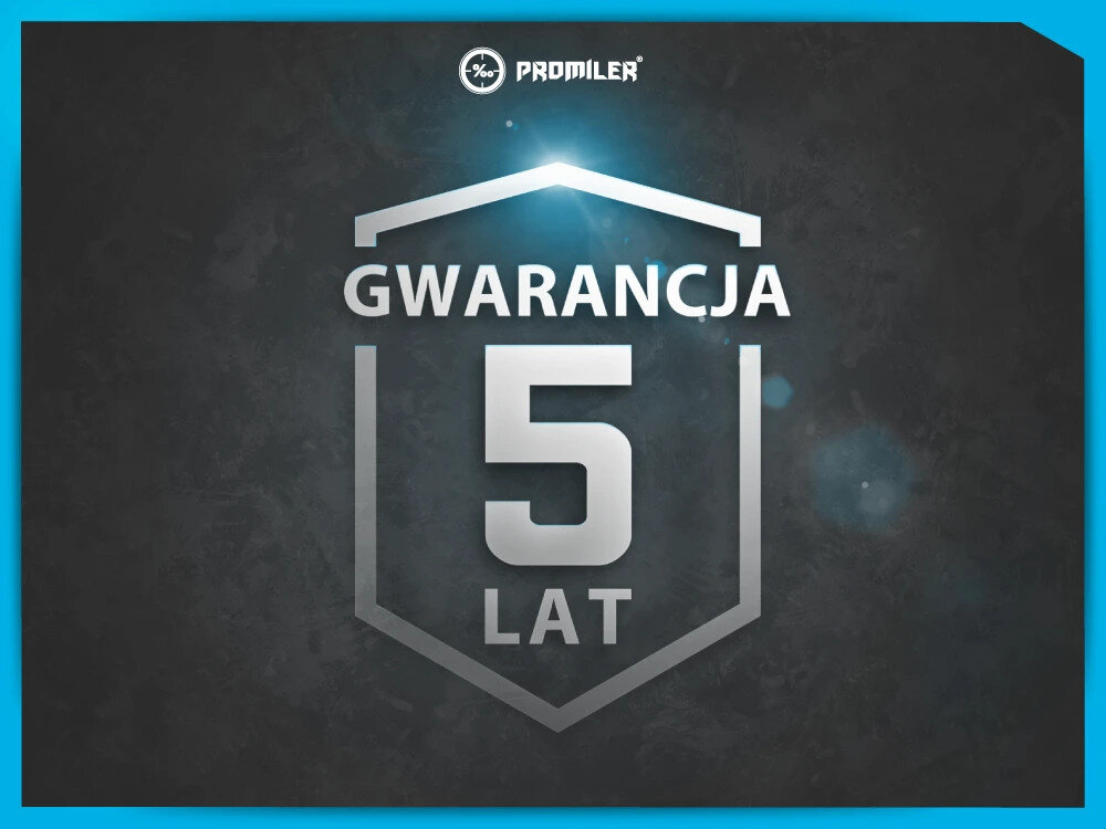 Na ciemnym tle widoczny jest napis \'GWARANCJA 5 LAT\' w srebrnym kolorze, otoczony konturem tarczy. U góry znajduje się logo \'PROMILER\'.