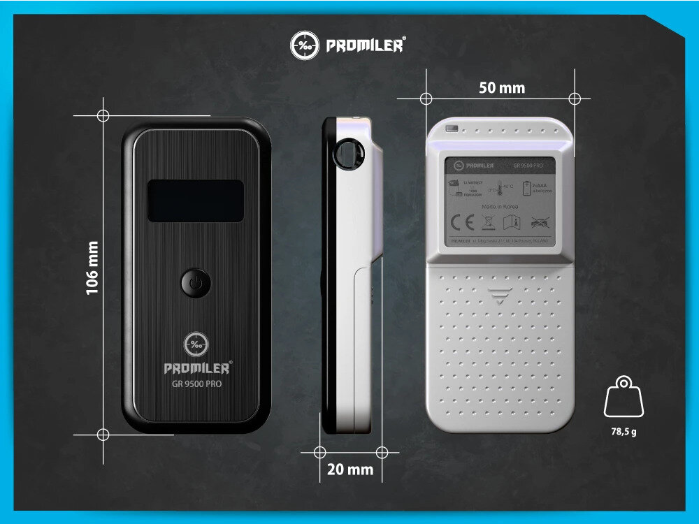 Obraz przedstawia alkomat PROMILER GR 9500 PRO z trzema widokami: z przodu, z boku i z tyłu. Wymiary urządzenia to 106 mm wysokości, 50 mm szerokości i 20 mm grubości, a jego waga wynosi 78,5 g.
