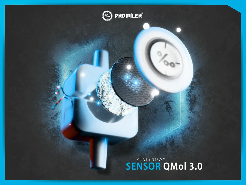 Grafika przedstawia platynowy sensor QMol 3.0 z logo PROMILER na górze. Widoczny jest symbol procentowy oraz napis \'PLATYNOWY SENSOR QMol 3.0\'.