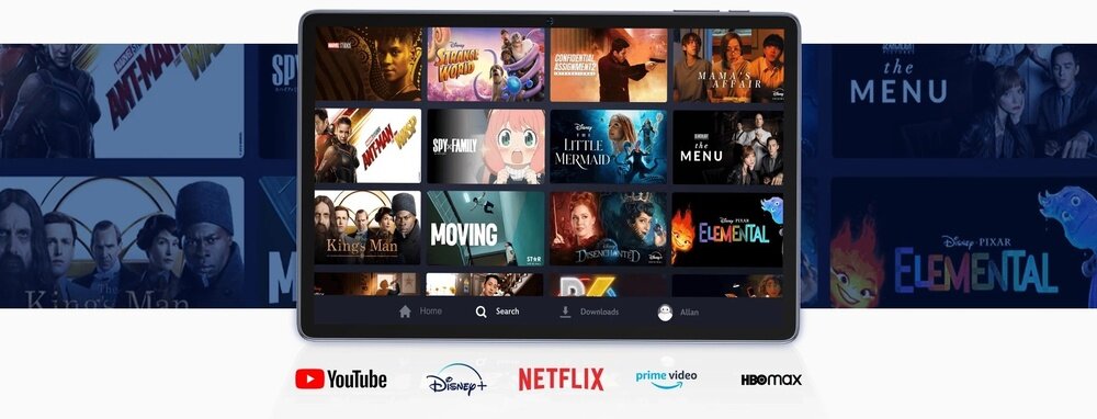 Obraz przedstawia tablet wyświetlający różne miniatury filmów i seriali. Na dole widoczne są logotypy: YouTube, Disney+, Netflix, prime video, HBO max.