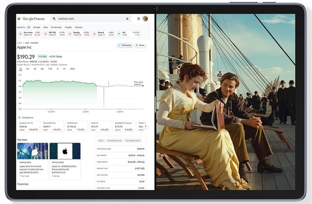 Tablet wyświetla dwa obrazy: po lewej stronie ekran z aplikacją Google Finance z wykresem akcji Apple Inc., a po prawej scena z filmu przedstawiająca dwie osoby siedzące na pokładzie statku.
