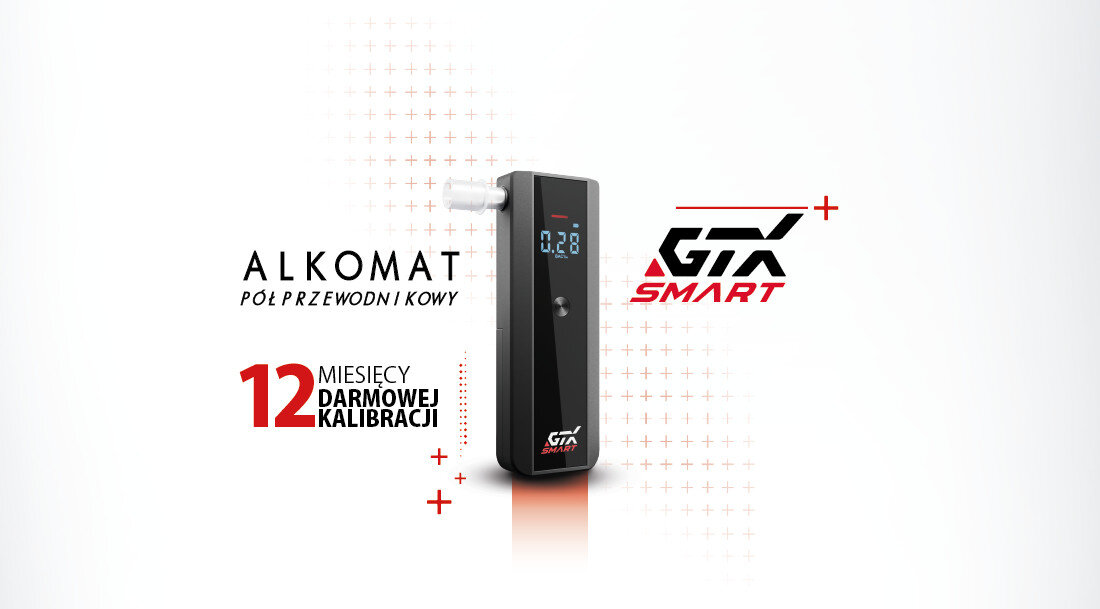 Obraz przedstawia alkomat GTX Smart z wyświetlaczem pokazującym wartość 0.28. Obok znajduje się tekst: \'ALKOMAT PÓŁPRZEWODNIKOWY\', \'12 MIESIĘCY DARMOWEJ KALIBRACJI\' oraz logo GTX Smart.