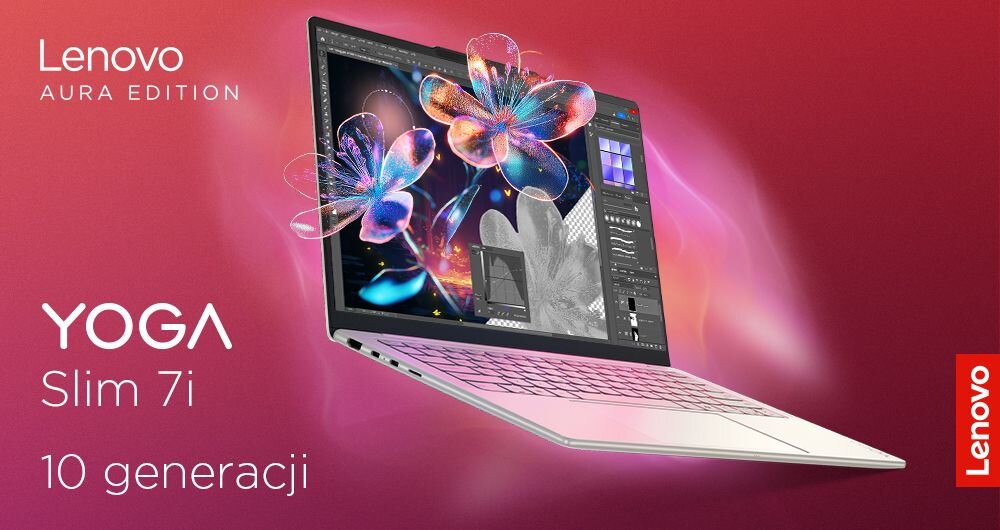 Obraz przedstawia laptopa z serii Lenovo Yoga Slim 7i 10 generacji, z wyświetlaczem pokazującym kolorowe kwiaty i program graficzny. W tle widoczny jest gradient w odcieniach różu i fioletu, a na obrazie znajduje się tekst: \'Lenovo AURA EDITION\', \'YOGA Slim 7i\', \'10 generacji\'.
