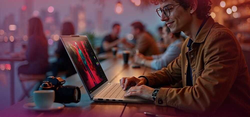 Osoba siedzi przy drewnianym stole, używając laptopa z jasnym ekranem. W tle widać rozmyte sylwetki innych osób oraz lampy wiszące.