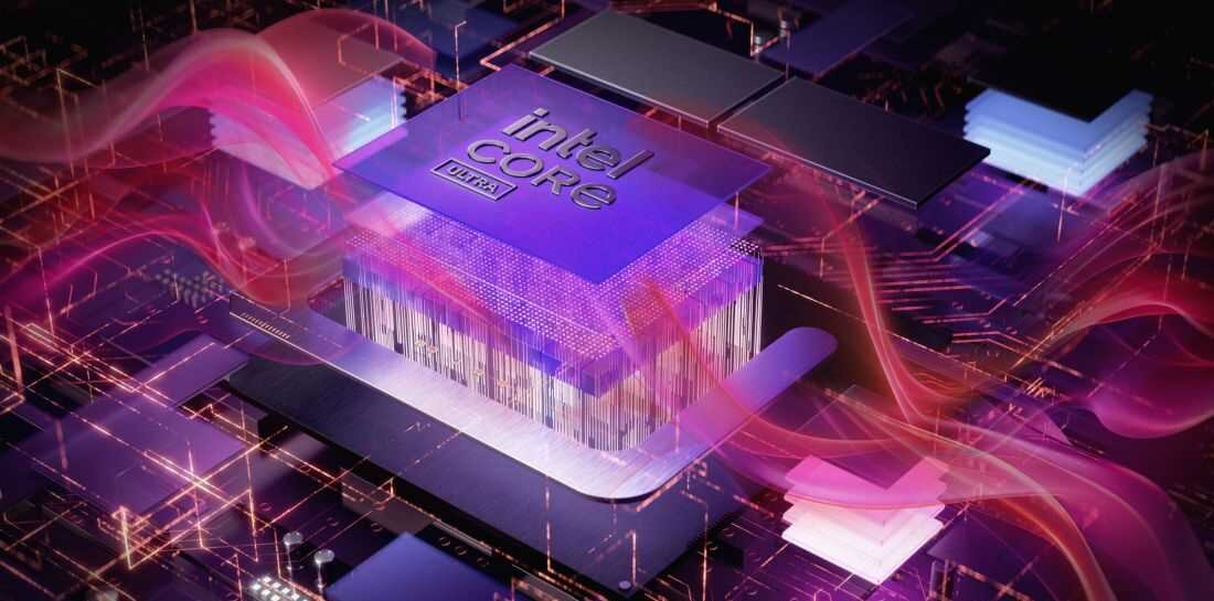 Obraz przedstawia procesor z napisem \'intel CORE Ultra\' otoczony efektami świetlnymi w kolorach różowym i fioletowym.