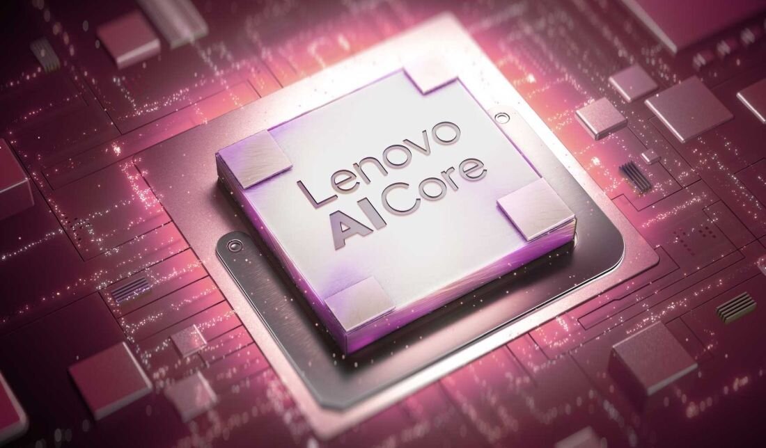 Obraz przedstawia procesor z napisem \'Lenovo AI Core\' na tle układu scalonego w odcieniach różu i fioletu.