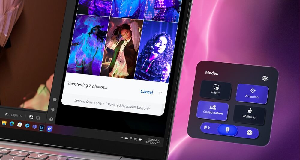 Na ekranie laptopa widać aplikację do przesyłania zdjęć z napisem \'Transferring 2 photos... Cancel\'. Obok znajduje się panel z trybami: Shield, Attention, Collaboration, Wellness.