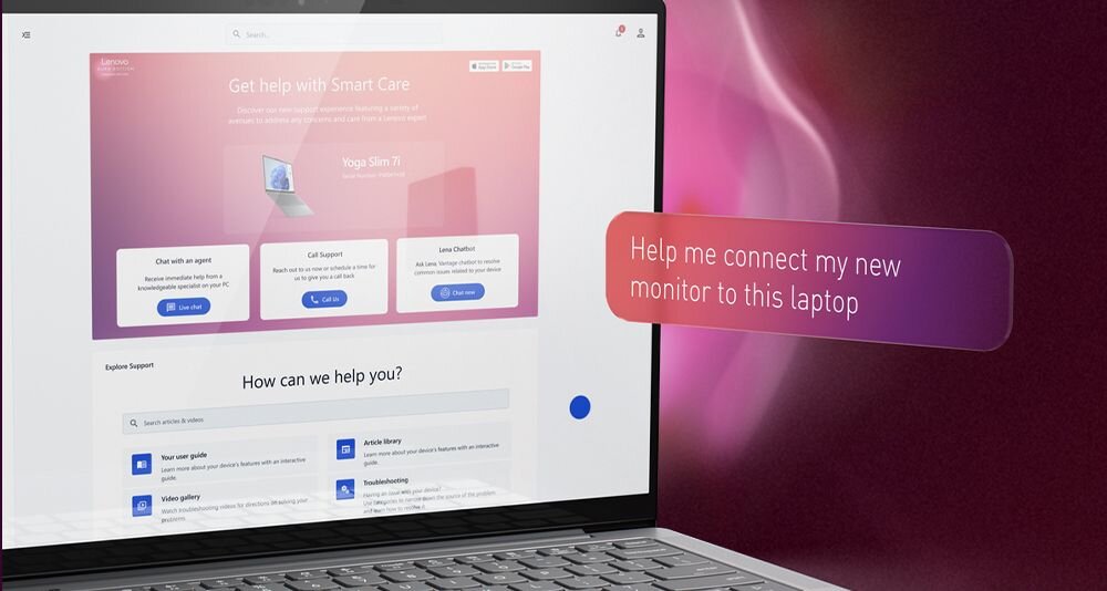 Na ekranie laptopa wyświetlona jest strona z napisem \'Get help with Smart Care\' oraz opcjami kontaktu: \'Chat with an agent\', \'Call Support\', \'Leave Feedback\'. Obok ekranu widoczny jest tekst: \'Help me connect my new monitor to this laptop\'.