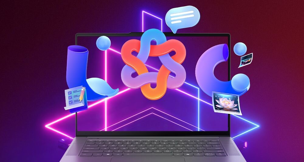 Na obrazie widać laptop z kolorową grafiką na ekranie, przedstawiającą abstrakcyjne kształty i ikony. W tle znajdują się neonowe linie tworzące geometryczne wzory.