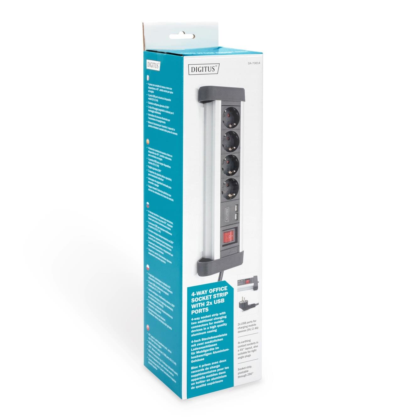 Opakowanie listwy zasilającej z czterema gniazdami i dwoma portami USB, z widocznym logo \'DIGITUS\'. Na opakowaniu znajduje się tekst: \'4-WAY OFFICE SOCKET STRIP WITH 2X USB PORTS\'.