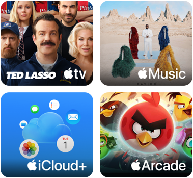 Obraz przedstawia cztery grafiki promujące usługi: \'Ted Lasso\' na Apple TV, Apple Music z osobami w kolorowych strojach, iCloud+ z ikonami aplikacji oraz Apple Arcade z postaciami z gry Angry Birds.