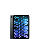 Tablet z wyświetlaczem pokazującym abstrakcyjny, niebiesko-fioletowy wzór. Na obudowie widoczne jest logo producenta w formie nadgryzionego jabłka.