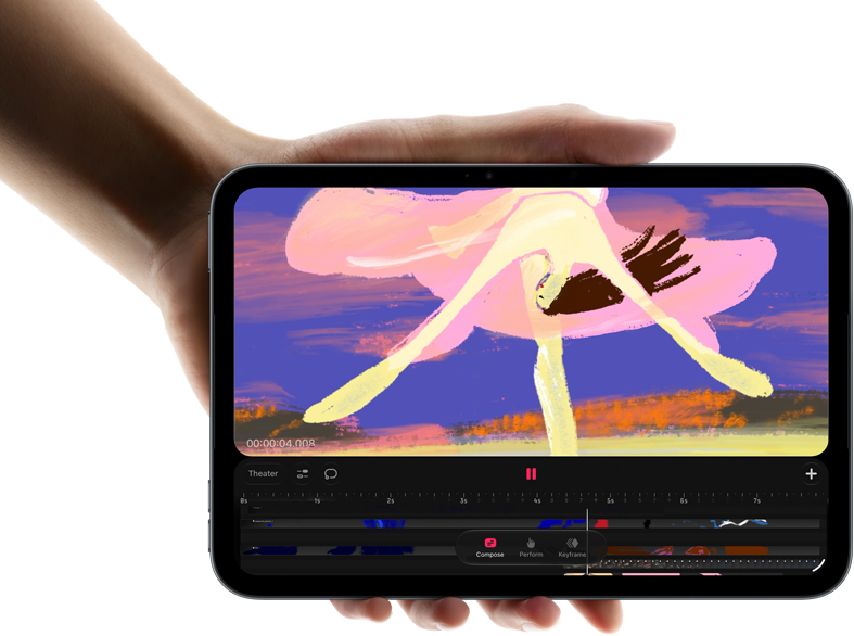 Osoba trzyma tablet z wyświetlonym kolorowym obrazem abstrakcyjnym. Na ekranie widoczny jest interfejs aplikacji do edycji wideo z linią czasu i przyciskami sterującymi.