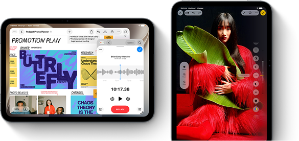 Obraz przedstawia dwa tablety APPLE iPad mini z różnymi ekranami. Na jednym ekranie widoczny jest plan promocji z tekstem \'PROMOTION PLAN\', a na drugim zdjęcie osoby w czerwonym stroju z dużym zielonym liściem.