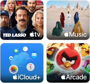 Obraz przedstawia cztery miniatury aplikacji: \'Ted Lasso\' na Apple TV, \'Apple Music\', \'iCloud+\' z ikoną chmury i kalendarza oraz \'Apple Arcade\' z postaciami z gry Angry Birds.