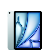 Tablet z wyświetlaczem o abstrakcyjnym, niebieskim wzorze. Obudowa jest w jasnym kolorze, a na górze widoczny jest aparat.