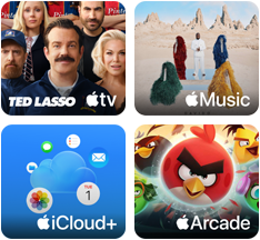 Obraz przedstawia cztery miniatury aplikacji: \'Ted Lasso\' na Apple TV, \'Apple Music\' z postaciami w kolorowych strojach, \'iCloud+\' z ikonami chmury i kalendarza oraz \'Apple Arcade\' z postacią z gry Angry Birds.