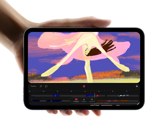 Osoba trzyma tablet z wyświetlonym kolorowym obrazem i interfejsem edycji wideo. Na ekranie widoczny jest pasek czasu z przyciskami: Compose, Perform, Keyframe, Theater.