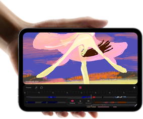 Osoba trzyma tablet z wyświetlonym kolorowym obrazem abstrakcyjnym. Na ekranie widoczny jest interfejs aplikacji do edycji wideo.